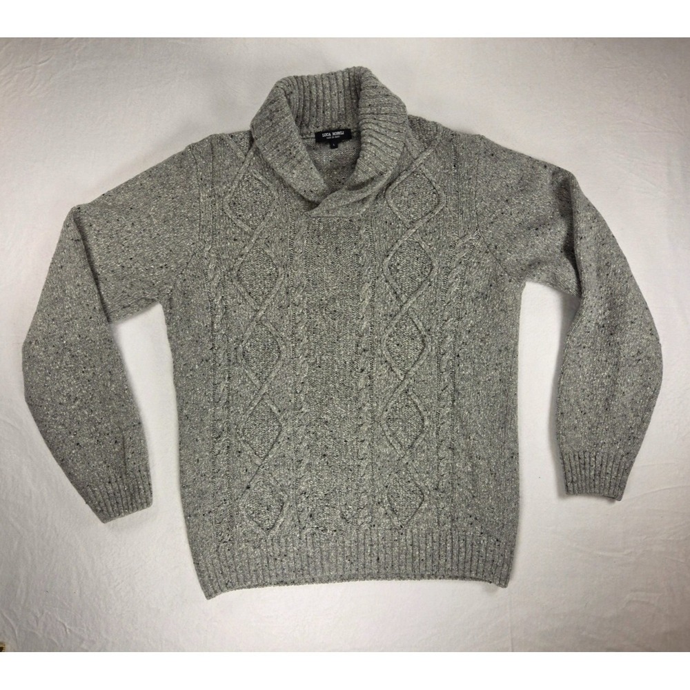 Luca Nobili Italy Sweater Mens Knit  LARGE Gray Shawl Collar Pullover Wool Warm